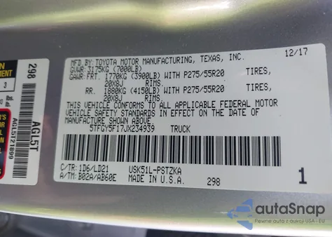 2018 Toyota Tundra 1794 5.7L V8 from USA, damaged, VIN 5TFGY5F17JX234939
